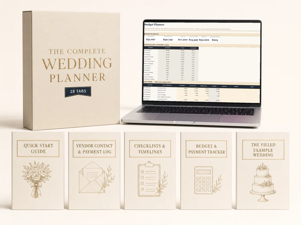 The Complete Wedding Planner presented as a cream and gold box beside its five bonus guides.