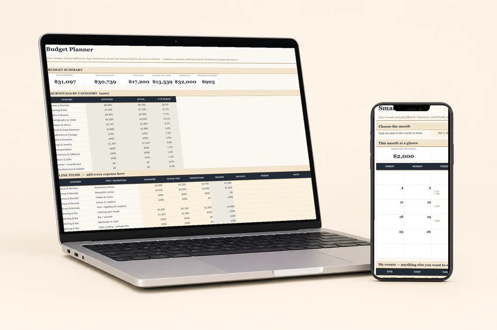 The Budget Planner open on a tablet showing category subtotals, beside a phone showing the Smart Calendar with payments and appointments.