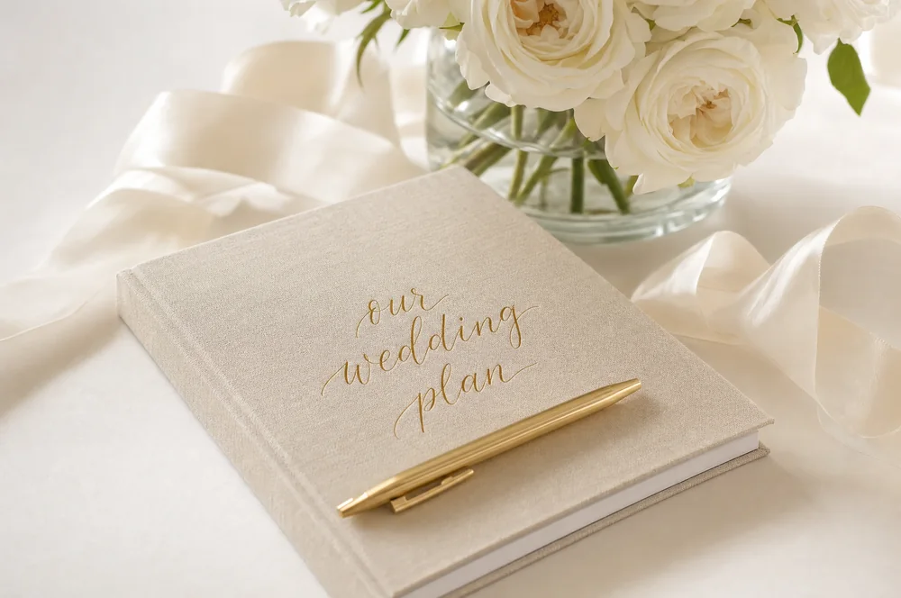 A cream linen wedding planning notebook lettered in gold, with a gold pen and white roses.