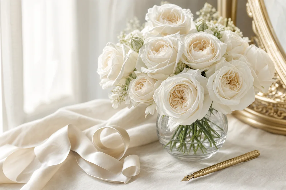 White roses in a glass vase with cream silk ribbon and a gold pen on ivory linen.